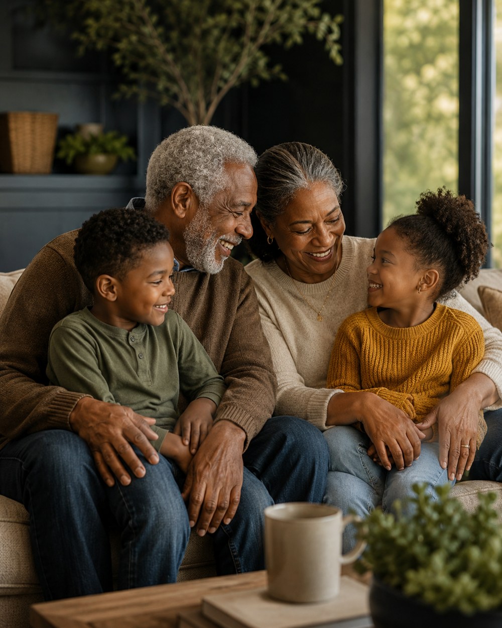 Full family together in a warm legacy planning lifestyle portrait